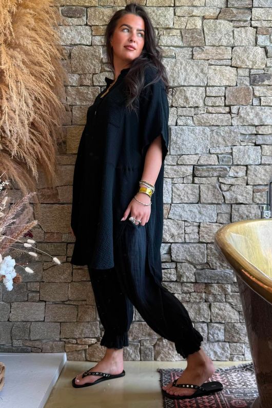 Tasha Cushion Cotton Oversized Shirt Tunic Black